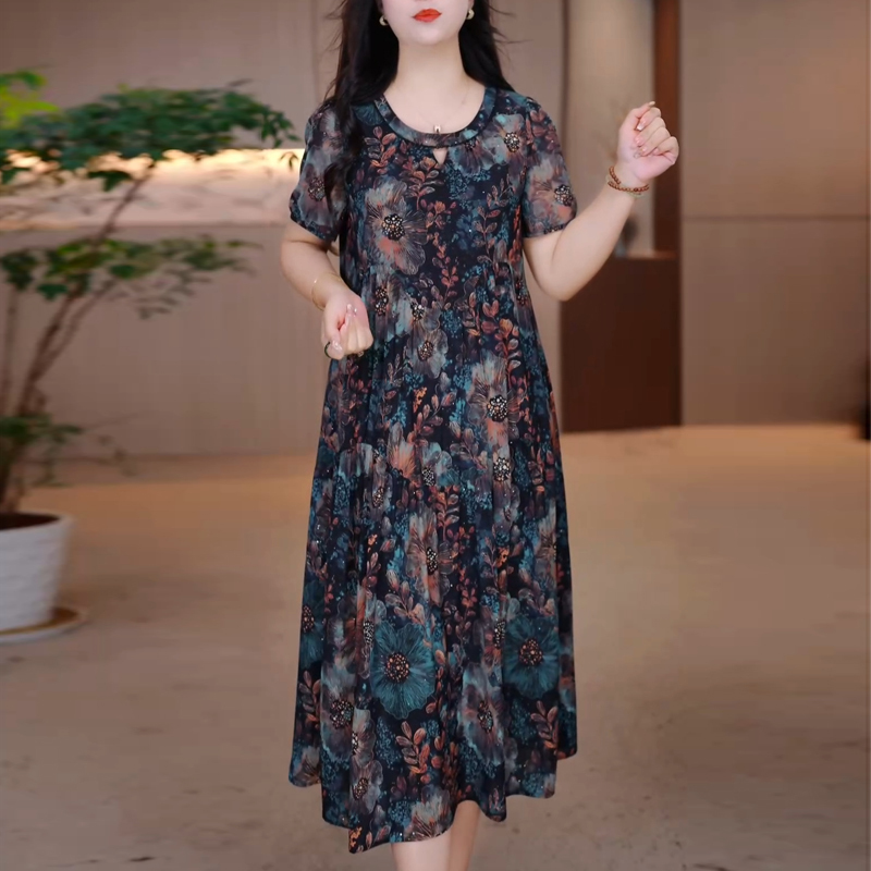Fashionable Round Neck Printed Dress for Women 2026 New Summer Mid-Length Loose Short-Sleeved Mother's Wear Thin Dress