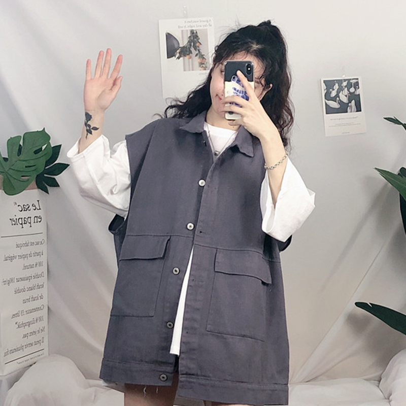 Xiaqiu Hàn Quốc phiên bản của bf gió Harajuku loose-fitting trang phục lao động denim tay out-of-the-box vest áo giáp áo nữ sinh thủy triều