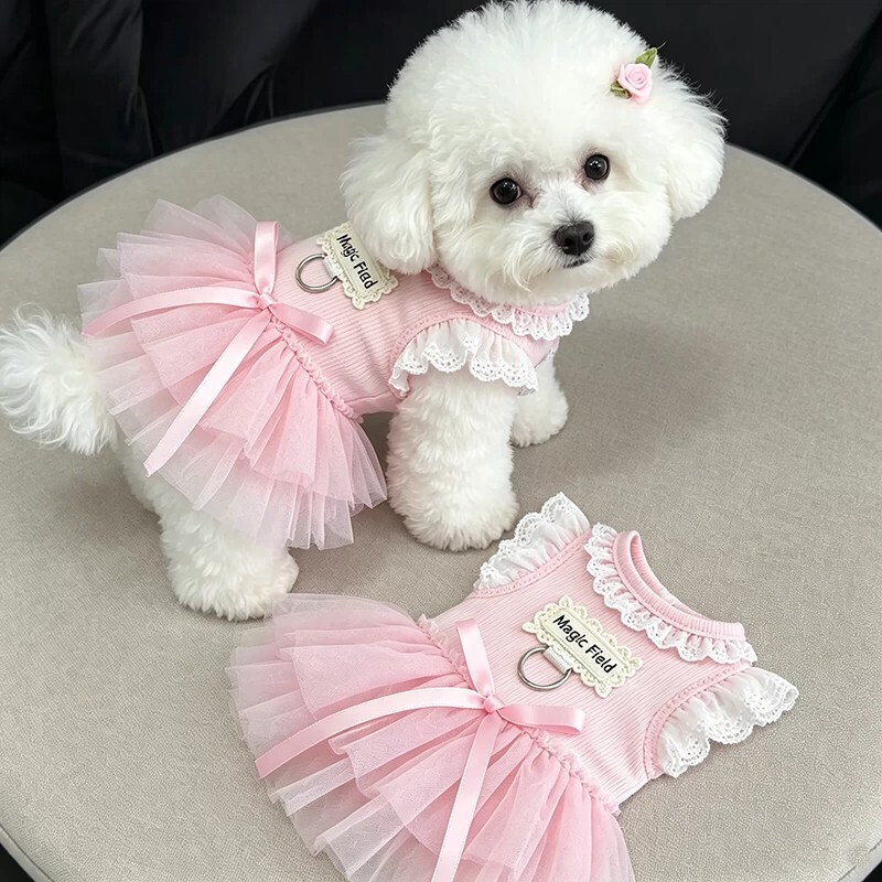 New Summer Thin Princess Tutu Dress for Dogs and Cats, Lace Dress for Small Dogs Like Teddy and Bichon, Can Be Used with a Leash