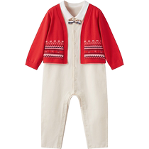 (Same style in the mall) Yings baby New Year festive clothes fake two-piece baby boy onesie New Years greetings clothes