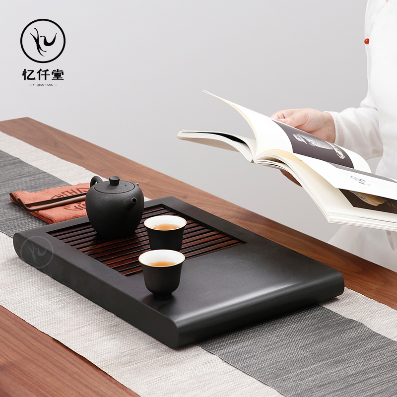 Yi Qian Tang simple modern solid wood ebony stone tea tray home drainage dry brewing table kung fu tea set stone