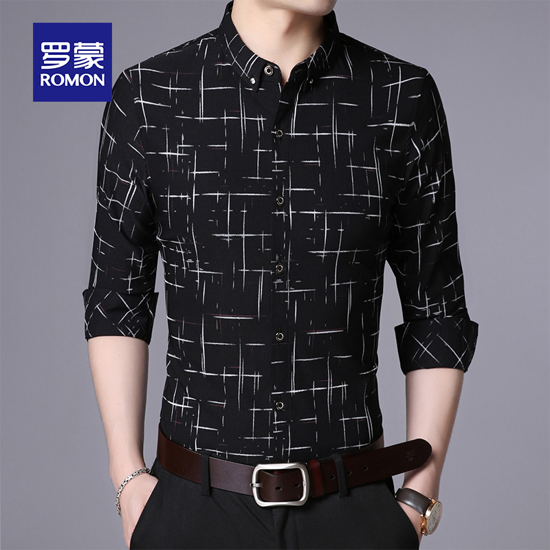Romon shirt men's spring new high-end slim black striped casual shirt men's fashion long-sleeved top