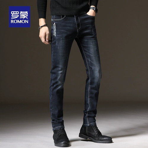 Зимние трендовые джинсы для отдыха, мужские черные эластичные штаны, в корейском стиле