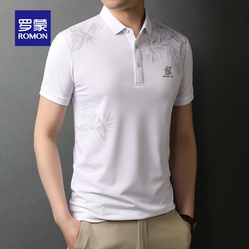 Romon summer new T-shirt men's youth lapel short sleeve plant print thin casual top POLO shirt