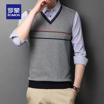 Romon fake two-piece sweater men's new striped shirt collar youth handsome loose spring pullover bottoming sweater