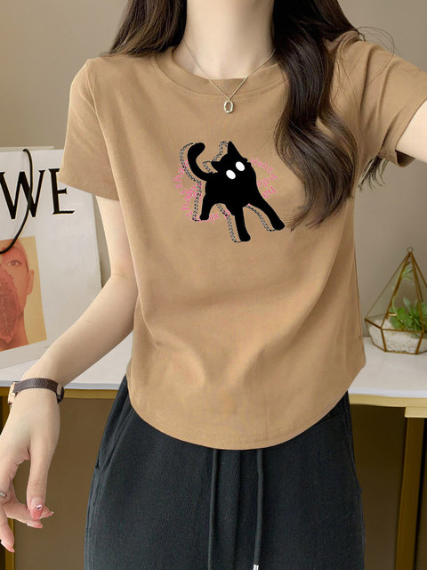 Chic and Unique Short-Sleeved High-Quality Ribbed Cotton White Printed Top for Women with Irregular Arc Hem Simple T-Shirt for Women