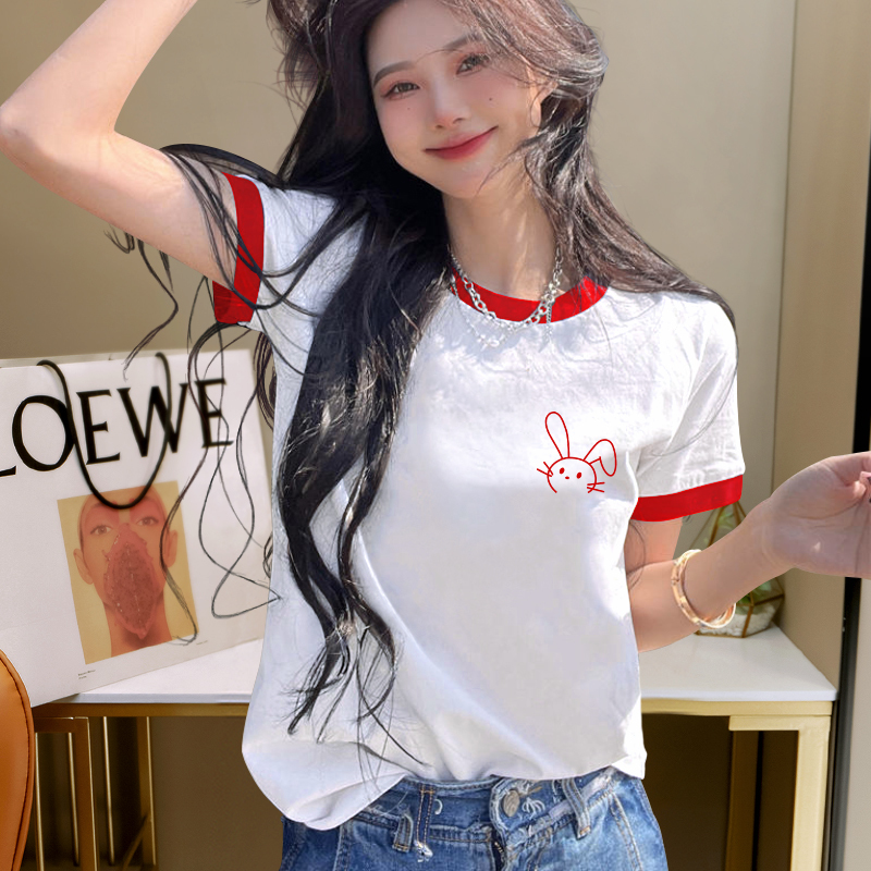 2026 Summer New White Short-Sleeve T-Shirt for Women, Pure Cotton, Loose Fit, Color-Blocking, Age-Reducing Top with Rabbit Pattern, Trendy Tee