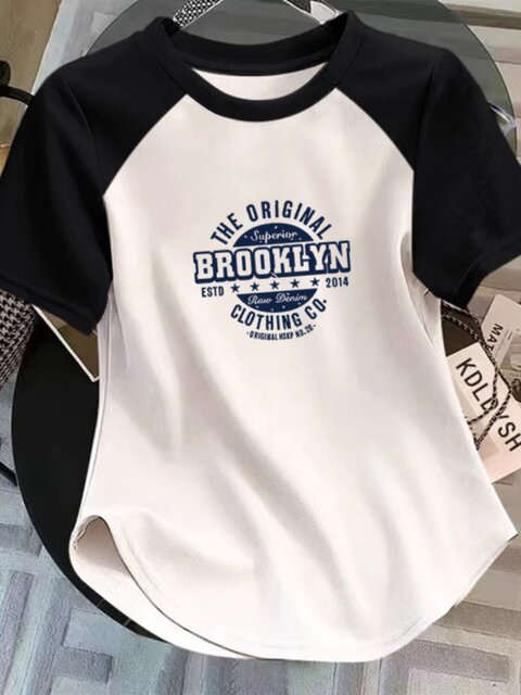 American-Style Raglan Short-Sleeve T-Shirt for Women, 2026 New Summer Color-Block Sweet and Spicy Style, Slim Fit, Regular Shoulder Short Top