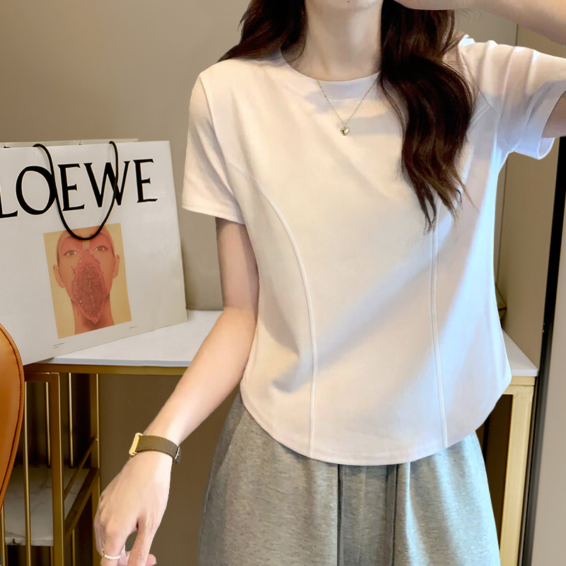 White Short-Sleeve T-Shirt for Women, Summer Fishbone Line Design, 2026 New Style, Regular Shoulder, Irregular Short Style, Solid Color T-Shirt Top