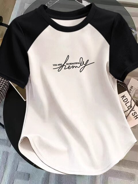 American-Style Raglan Short-Sleeve T-Shirt for Women, 2026 New Summer Color-Block Sweet and Spicy Style, Slim Fit, Regular Shoulder Short Top