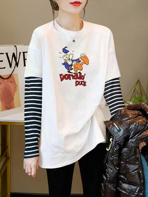 2026 Autumn/Winter New Striped Color-Block Fake Two-Piece Long-Sleeve T-Shirt for Women, Loose Fit, Hip-Covering, Mid-Length, Thickened Top