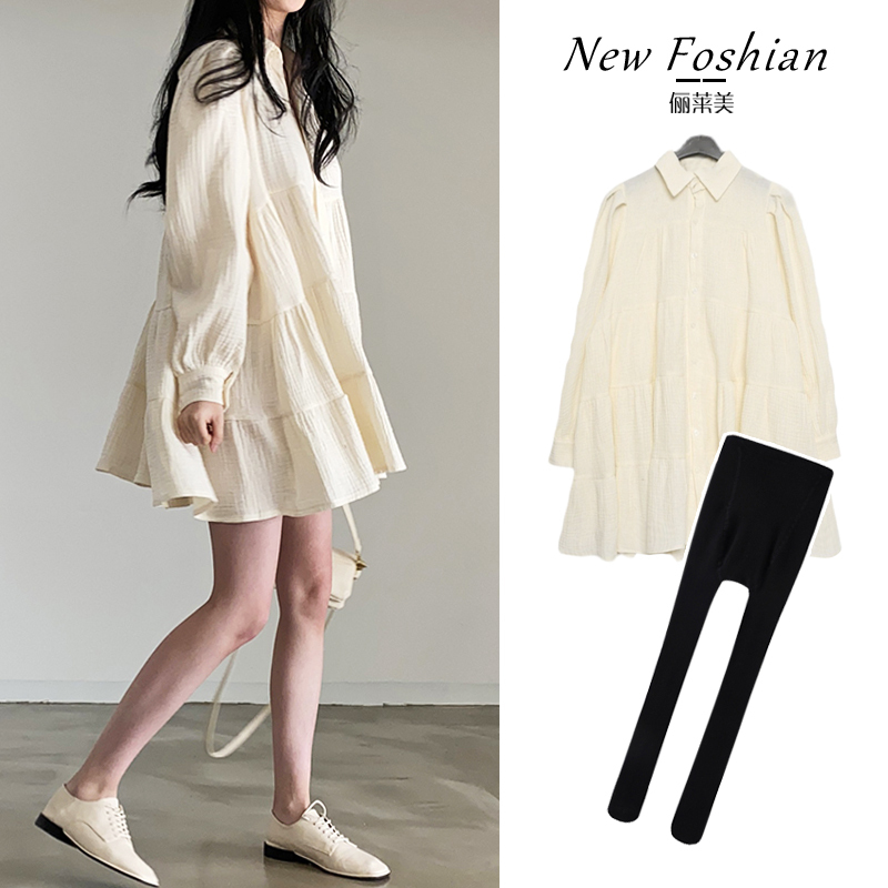 High-End Shirt Dress for Women, Spring and Autumn New Style, Korean Version, Loose Shirt Top, Internet Celebrity Puff Sleeve Babydoll Dress
