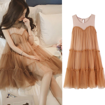 Maternity dress summer sleeveless stitching mesh maternity dress Fashion hot mom summer sundress Korean skirt summer