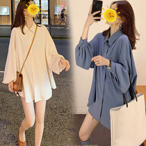 Pregnant women autumn suit 2021 new loose lantern sleeve top medium and long trendy mom shirt dress spring and autumn jacket