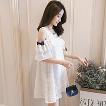 Maternity summer dress top fashion trend mom off-the-shoulder skirt Loose bow hollow lace maternity dress summer
