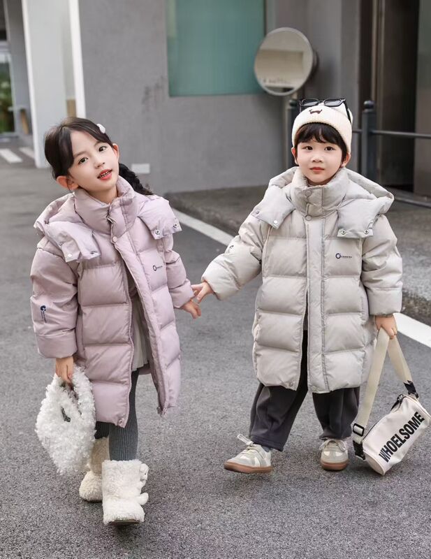 Korean Style Children's Light down Jacket for Girls and Boys, Mid-Length, Thickened, Warm, Hooded Coat Korean Style Children's Light down Jacket for Girls and Boys, Mid-Length, Thickened, Warm, Hooded Coat