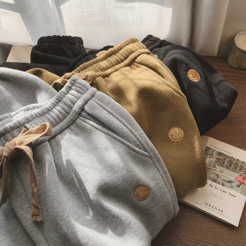 Little C's velvet trousers women's autumn and winter new high waist fashion all-match smiley face embroidery thickened casual trousers trend