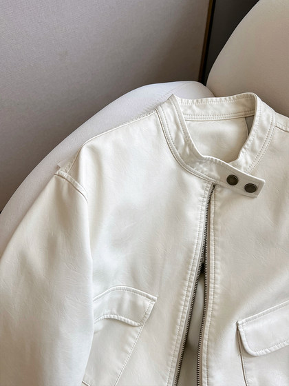 小C家 米白色pu皮短款机车服皮衣女2025春季新款复古潮流夹克外套