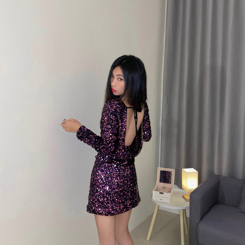 Christmas Purple Sequin Dress, Shiny and Sexy Backless Birthday Mini Dress, New Year's Outfit Christmas Purple Sequin Dress, Shiny and Sexy Backless Birthday Mini Dress, New Year's Outfit