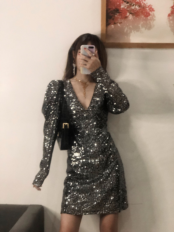 Birthday Party Silver Black Shiny Sexy Bodycon Sequin Dress Long Sleeve Christmas Dress Women's New Spring and Autumn Style Birthday Party Silver Black Shiny Sexy Bodycon Sequin Dress Long Sleeve Christmas Dress Women's New Spring and Autumn Style