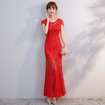Wedding Cheongsam toast dress Bride wedding dress Red lace evening dress Chinese Cheongsam fishtail dress