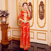 2019 new bridal toast dress vintage cheongsam Chinese wedding dress red long wedding dress Xiuhe dress