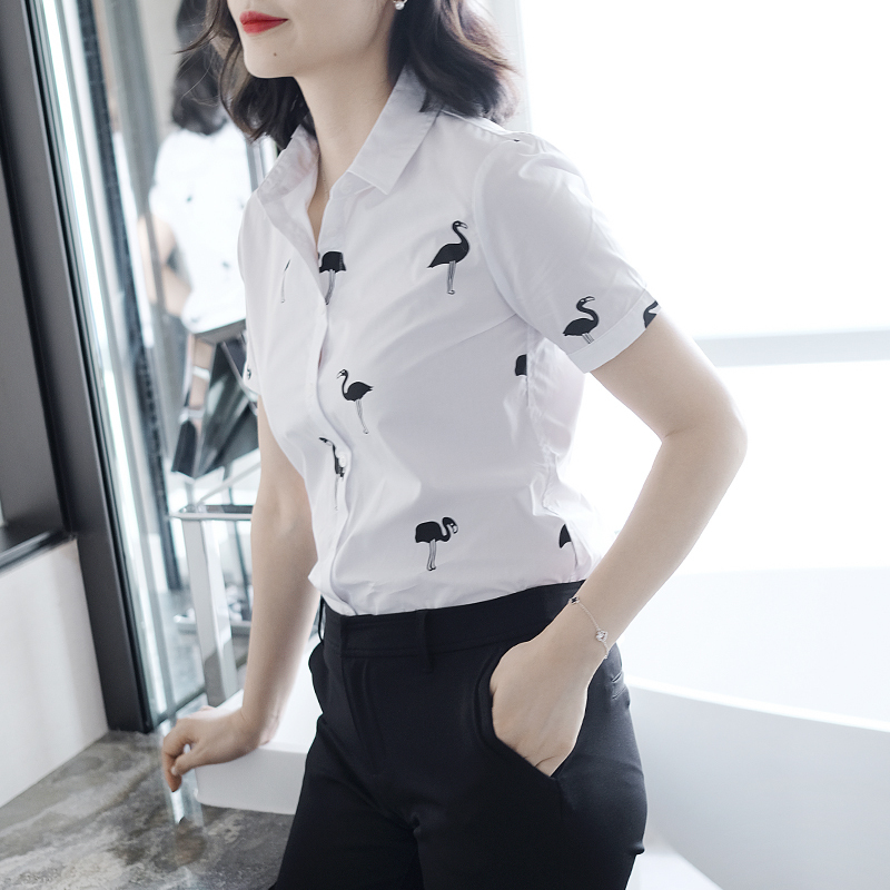 A More Stylish White Flamingo Short-Sleeved Shirt for Women with a Unique Design, New Spring/Summer Collection