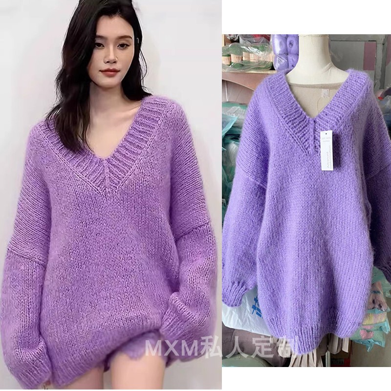 Early Spring New Style, Purple Deep V-Neck Mohair Sweater, Pullover Knitwear, Loose and Lazy Style, Similar to Xi Mengyao's Style