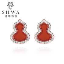 Poetic jewelry 18k gold plinth diamond earnail female red Manau K gold ear nail real drill white fritillary ear decoration