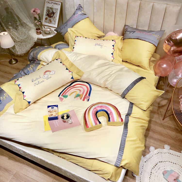Cầu vồng bốn mảnh lưới màu đỏ tua giường cotton thêu cao cấp 60 tấm bông dài chủ yếu chăn bông - Bộ đồ giường bốn mảnh chăn ra gối nệm cao cấp