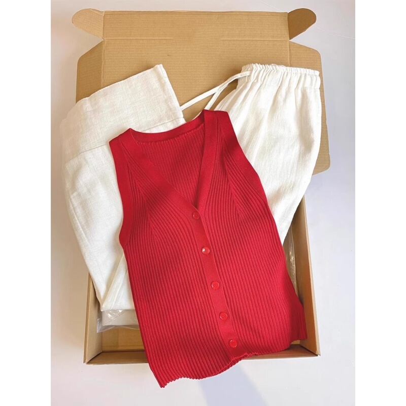 Hangzhou Sijiqing Women's Red V-Neck Ice Silk Knitted Vest Summer Sleeveless Cardigan Tank Top Trendy