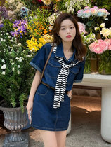 Covered Meat Dress Dress Woman small crowdDesign Sensation Short Sleeve Summer Denim A Character Dress Small Subclosets Slim Mid-Length Dress