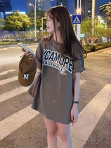 Tide Tang old duck graffiti Wind letters Summer Korean version retro printed short sleeve blouses small crowd design sensation in a long T-shirt