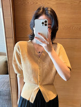 Kan Shoulder Sleeve Ice Silk Knit Short Sleeve Sunscreen Sweatshirt Gentle Wind Slim style jacket Korean wind chic blouse Women Summer