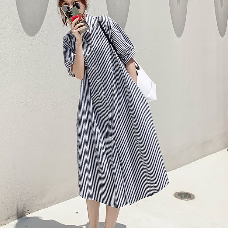 Extra Large Size 150kg Plus-Size Women's Slimming Striped Shirt French Casual Style Loose Polo Collar Long Dress