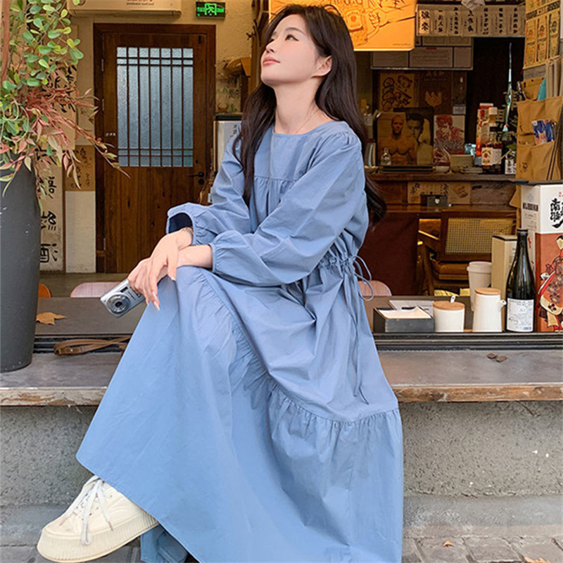 Plus-Size Women's Extra-Large Size 150kg Blue Long Fishtail Dress for Spring and Autumn, Loose Fit, Tummy-Concealing, Slimming, Casual Long Dress