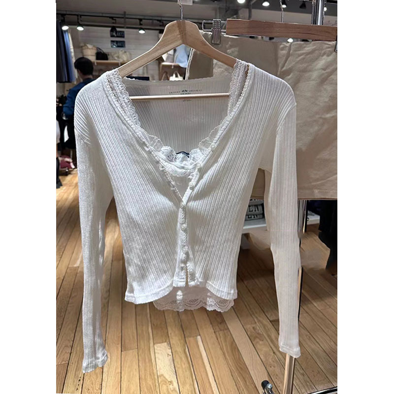 OOTD BM アメリカの新しいスタイルの白いボタン長袖 T シャツの女性の純綿ボトリング シャツ タイトなシングルブレスト カーディガン トップ