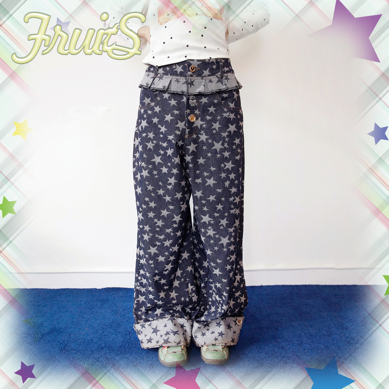 Fruits Original Star Jacquard Childlike Denim Wide-Leg Cuffed Trousers