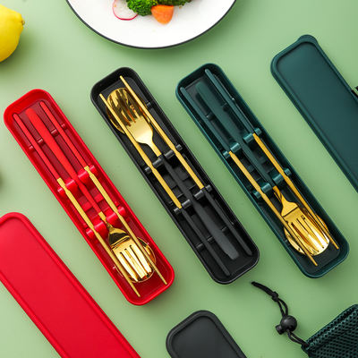 Stainless steel chopsticks, spoons and tableware set, one-person portable three-piece set, student takeout storage box, single-person set