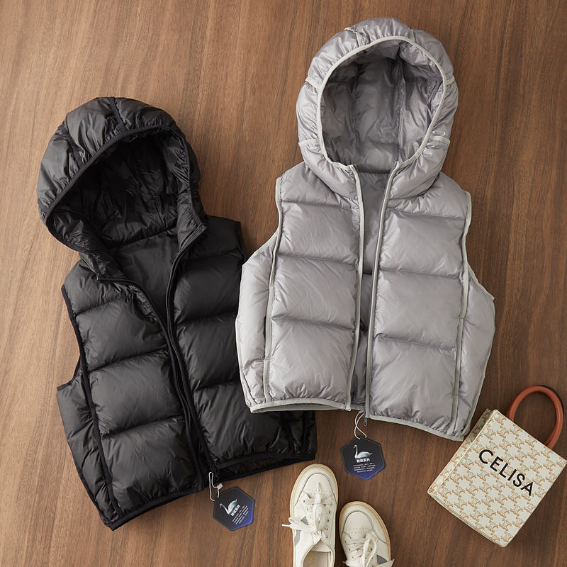 Winter Versatile Essential: Casual Hooded 90% White Goose down Sleeveless Zip-Up Thickened down Vest for Winter