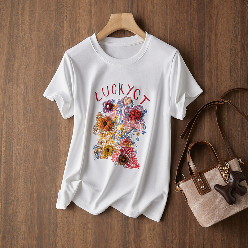 Three-Dimensional Embroidered Letters and Flowers, High-Count Cotton Round Neck Short-Sleeved Summer T-Shirt for Women