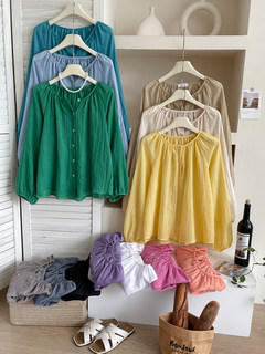 法式复古度假风冰丝麻棉防晒衬衫女夏灯笼袖外搭空调娃娃开衫上衣