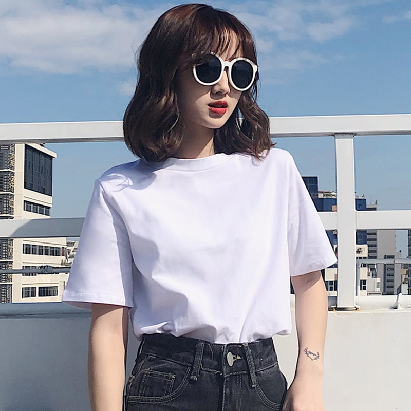 White T-shirt woman 2021 new wave summer short sleeve blouse T-shirt loose undershirt 100 lap outside wearing round collar Korean version