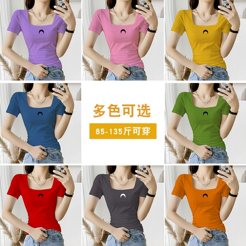 Ретро хлопковая дизайнерская футболка с коротким рукавом, квадратный вырез, французский стиль, тренд сезона, по фигуре