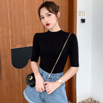 Black slim mid-sleeve t-shirt womens 2021 new five-point sleeve tight spring and autumn all-match top semi-high collar base shirt