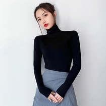 Black turtleneck base shirt womens inner tie autumn and Winter thin long-sleeved t-shirt tight top pile of cotton ins super fire tide