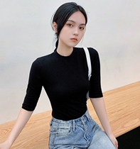 Semi-high collar middle sleeve t-shirt womens five-point sleeve 2021 summer new cotton top slim-fit base shirt Korean seven-point