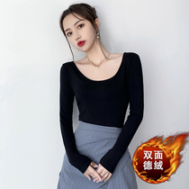 Black Duvet Plus Suede Undershirt Woman U Collar Inside Lap 2022 Autumn Winter New Foreign Air Warm Jacket Tight long sleeves