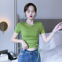 Round neck exposed umbilical left drawstring t-shirt womens short-sleeved ins tide solid color Korean version slim base shirt 2021 new top