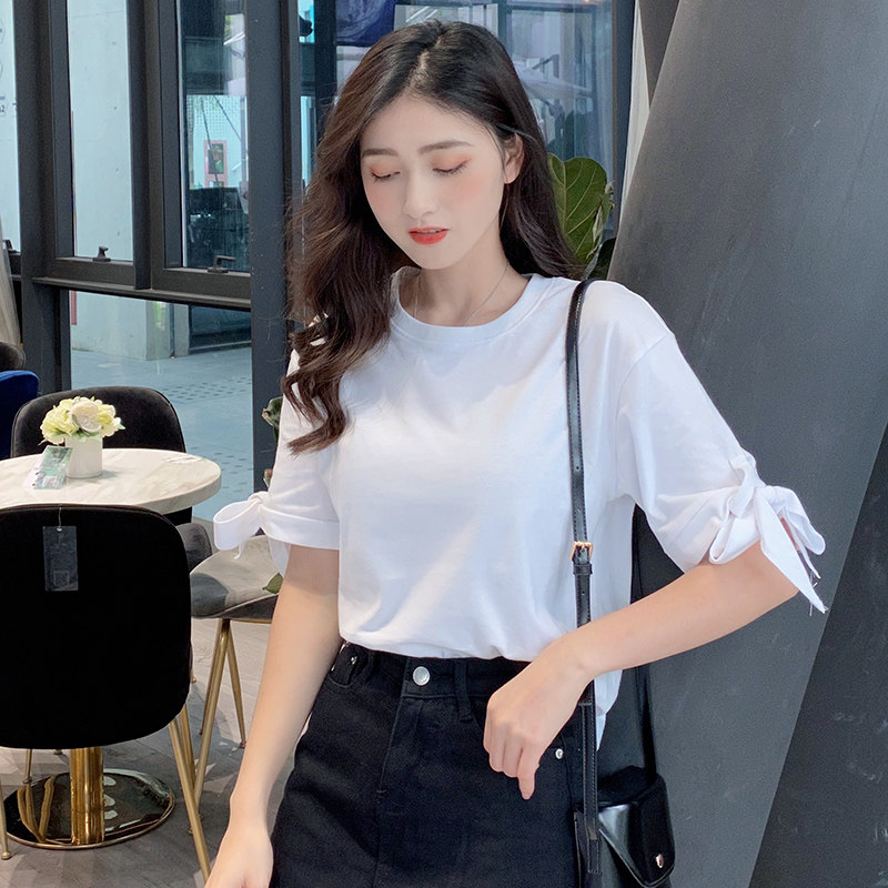short sleeve t-shirt female summer new 2022 Korean version loose full cotton 100 lap collar blouse damp strap open fork cuff